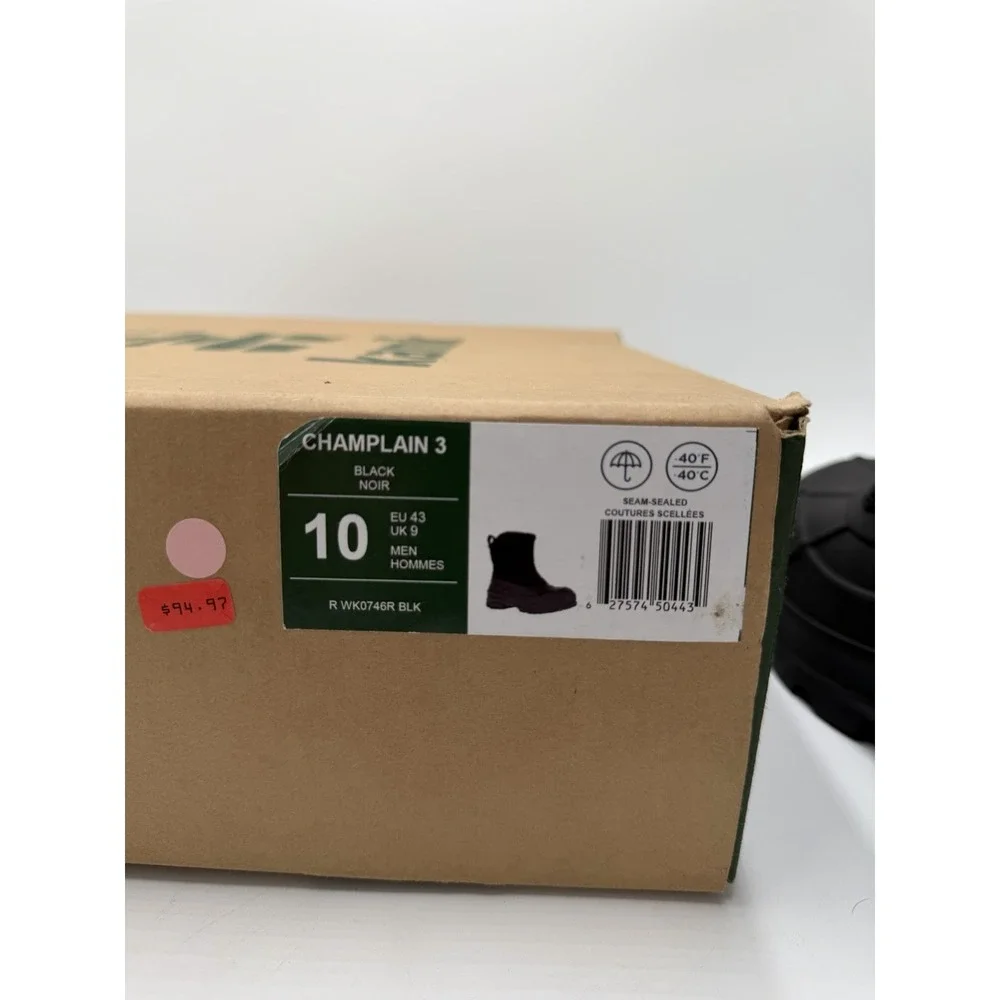Kamik Champlain 3 Men's Snow Boot Size 10 New Black Insulated to -40F WP Pull-on